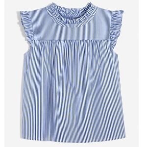 J.Crew Factory Blue White Stripe Ruffle Neck Blouse 14 Flutter Sleeve Poplin
